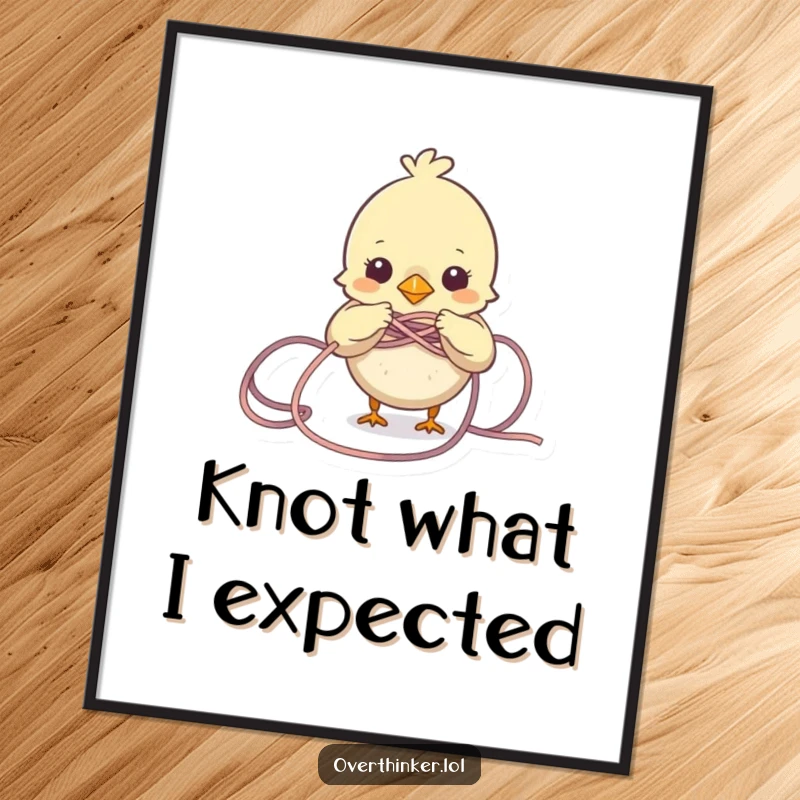 Funny free printable wall art: A cute bird character comically entangled in a massive, messy knot of colorful yarn.