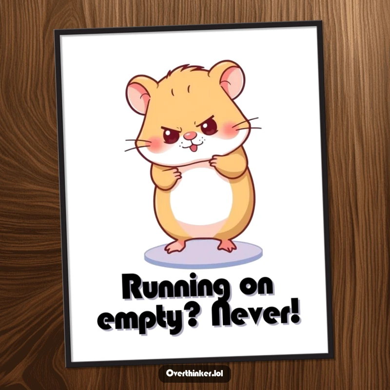 Funny Free Printable Wall Art of a hamster spinning its wheel with fierce concentration, symbolizing drive and dedication in decor.