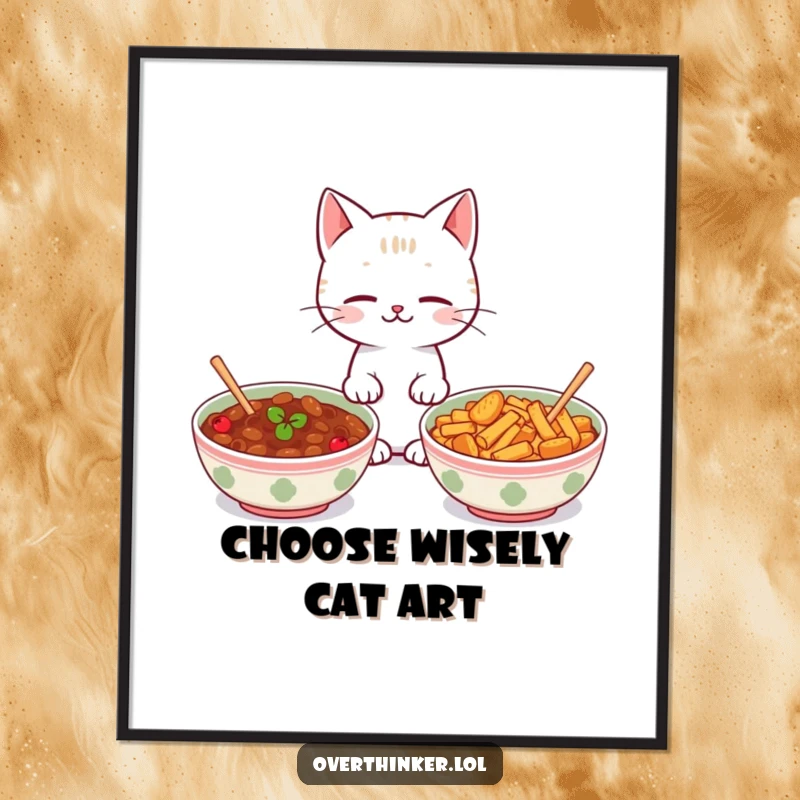 Funny free printable wall art: A kawaii cat looking back and forth between two identical bowls of food. Downloadable art for a humorous touch.
