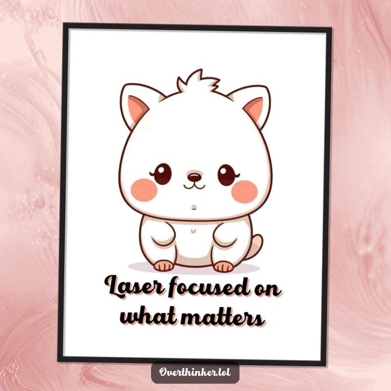 Funny Free Printable Wall Art: Kawaii animal intensely focused on a tiny speck, a humorous and minimalist piece.