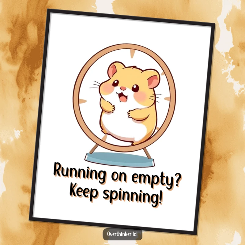 Funny free printable wall art: An overwhelmed hamster spins its wheel wildly, a humorous depiction of being busy or stressed.