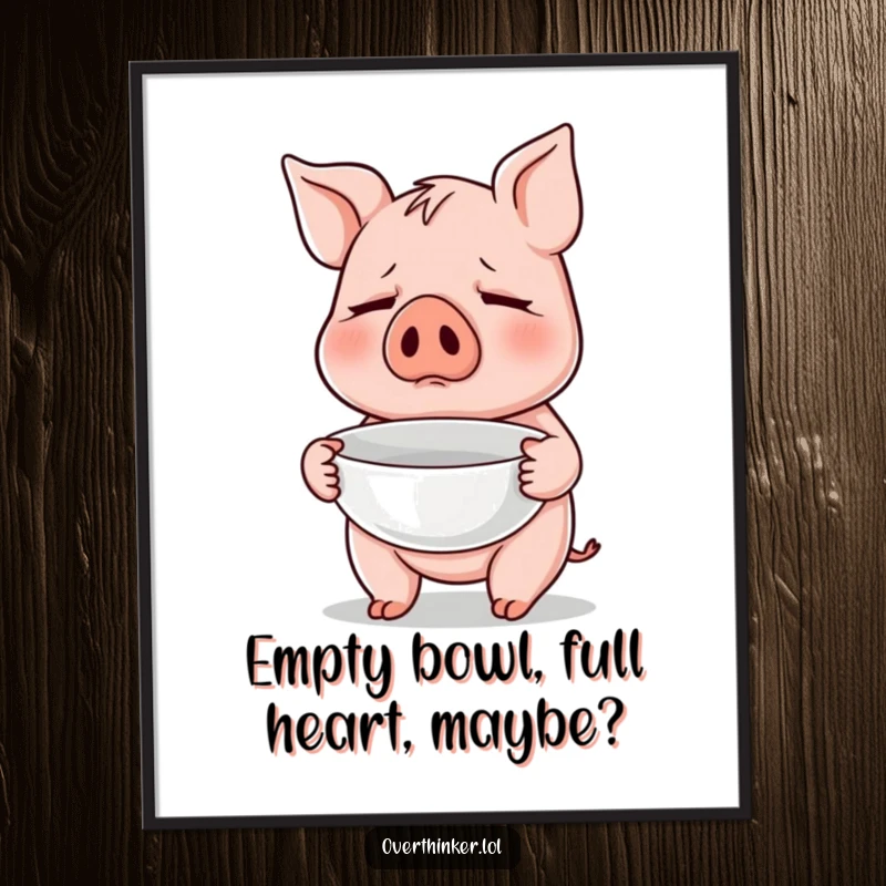 Funny Free Printable Wall Art: Pig nervously holding an empty bowl, adding a humorous and hopeful vibe.