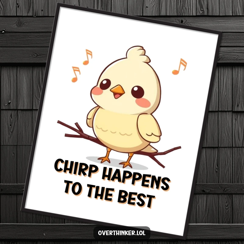 Funny Free Printable Wall Art: Kawaii bird chirping a complex song, then pausing mid-note with a blank expression, downloadable art.