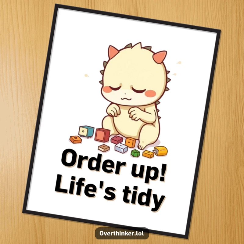 Funny Free Printable Wall Art: Creature nervously rearranging small objects, a humorous and detailed art piece.