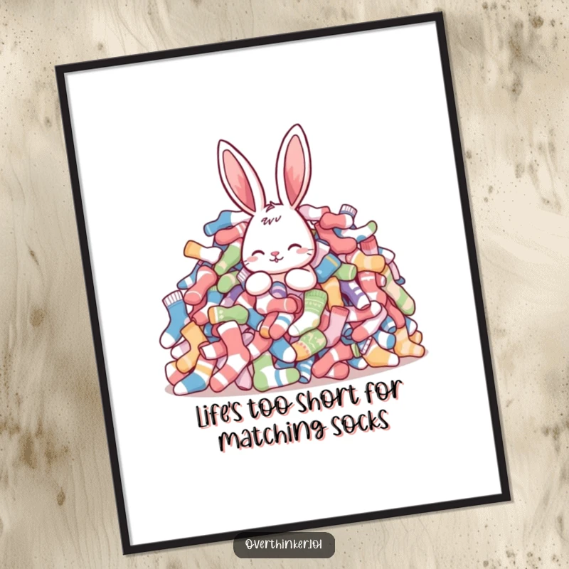 Funny Free Printable Wall Art: Rabbit character looking utterly bewildered by a massive pile of single socks. Downloadable art.