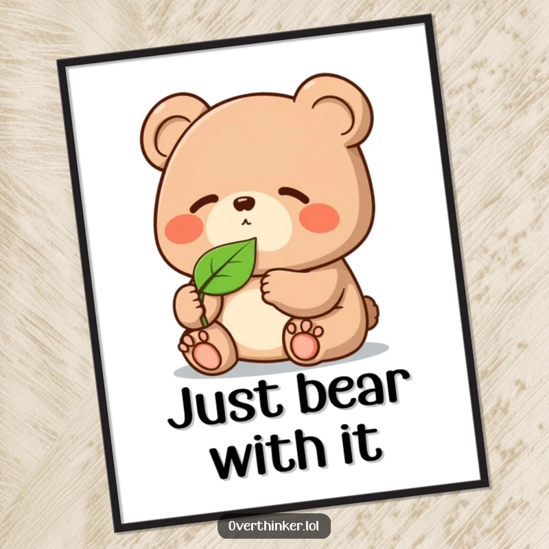 Funny Free Printable Wall Art: Kawaii bear with extreme focus on a single falling leaf, downloadable minimalist art.