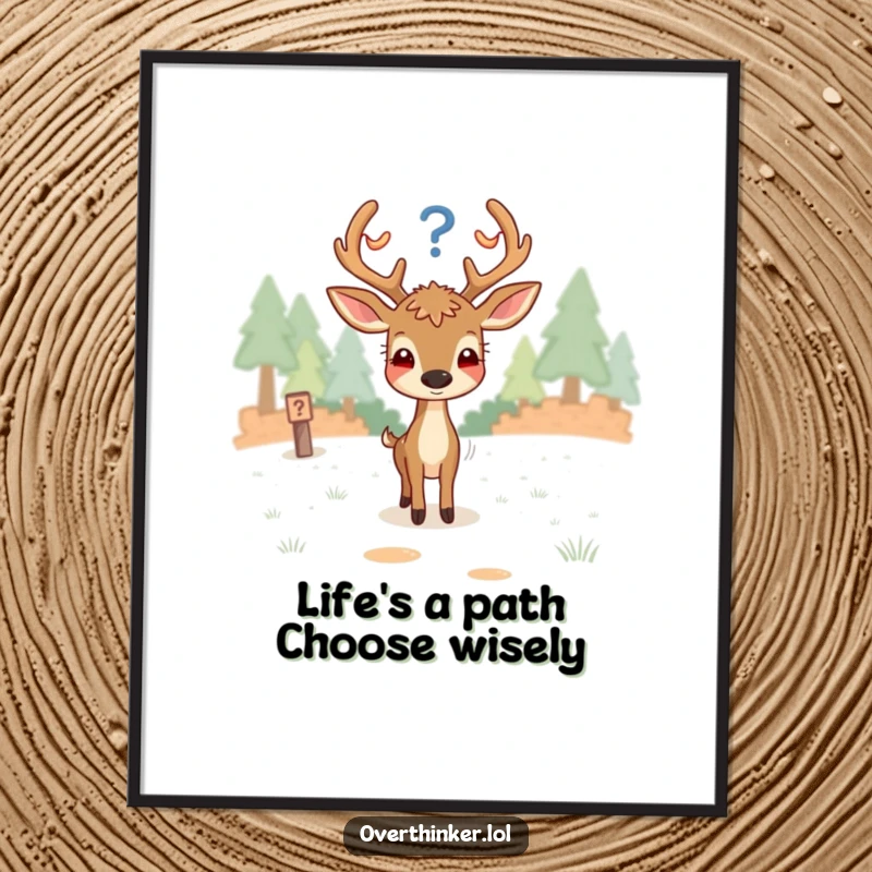 Funny free printable wall art of a perplexed deer facing a fork in the road, symbolizing life's many choices.