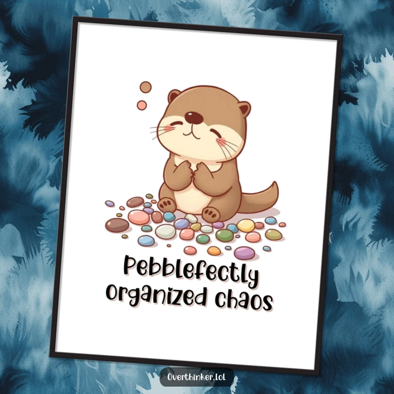 Funny Free Printable Wall Art: An otter meticulously organizing pebbles, creating a humorous and detailed piece of downloadable decor.