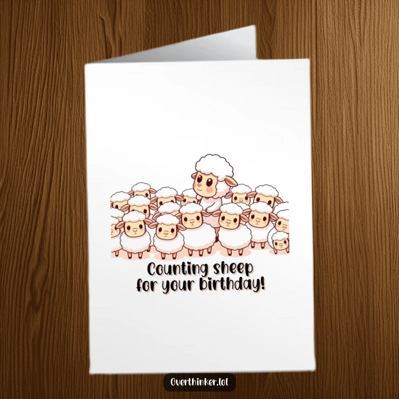 Funny Free Printable Birthday Card showing a sheep trying to count a herd of equally confused sheep, capturing birthday mayhem.