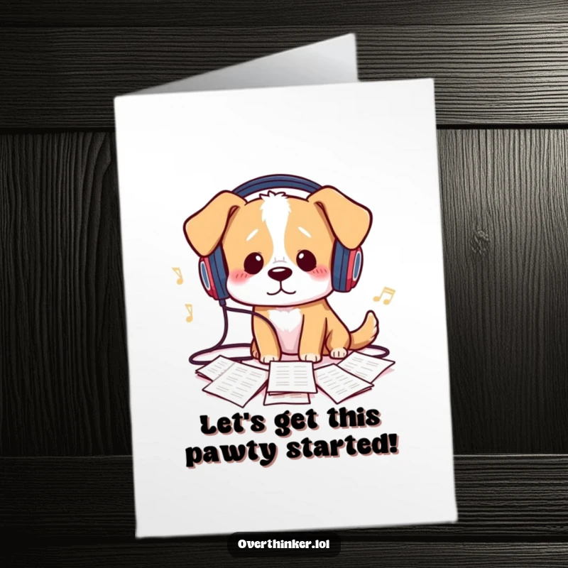 Funny Free Printable Birthday Card: A dog with tangled headphones looks bewildered at scattered sheet music, a musical mishap.