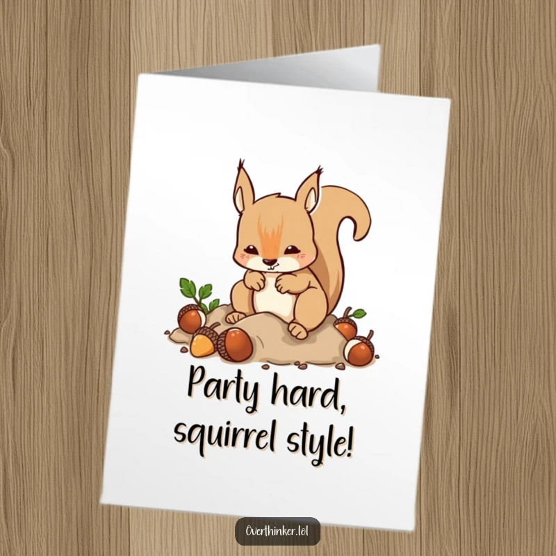 Funny Free Printable Birthday Card: A squirrel frantically buries an acorn, then immediately digs it back up in a panic.