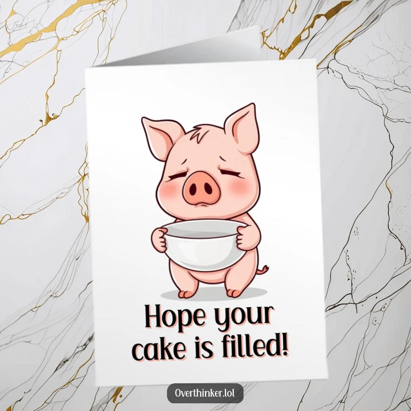 Funny Free Printable Birthday Card: Pig nervously holding an empty bowl, perfect for a humorous birthday wish.