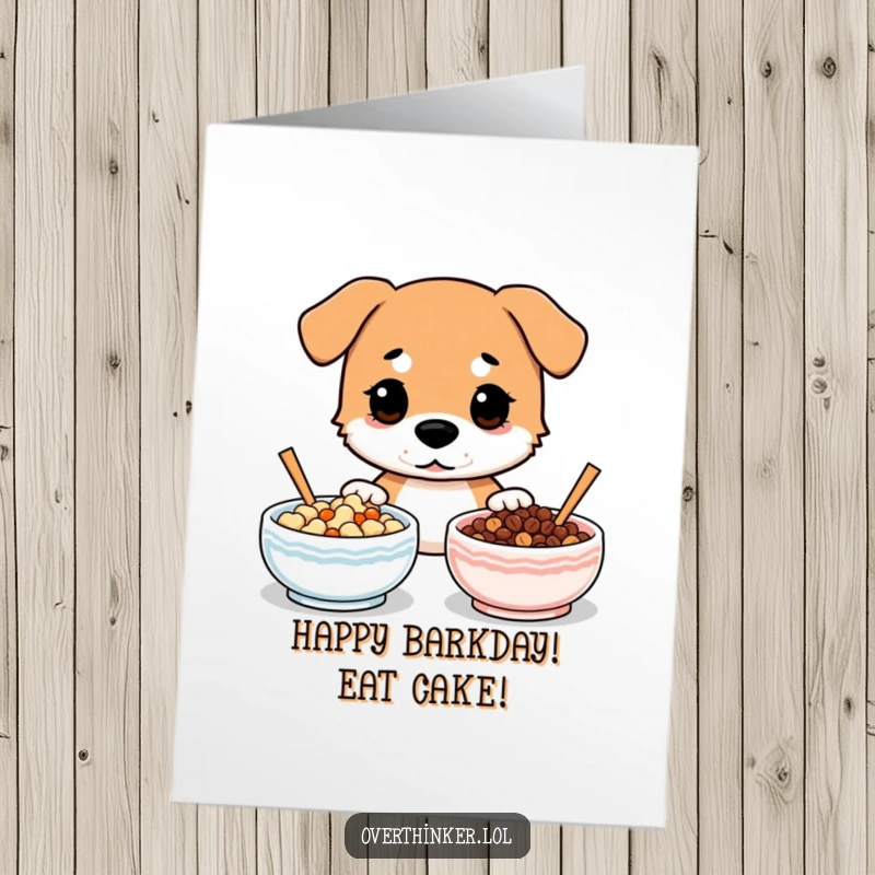 Funny Free Printable Birthday Card: Dog stares at two identical food bowls, indecisive, ideal for a humorous downloadable gift.