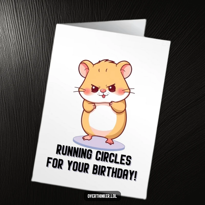 Funny Free Printable Birthday Card showing a hamster intensely focused on spinning its wheel, symbolizing determination and energy for the year ahead.