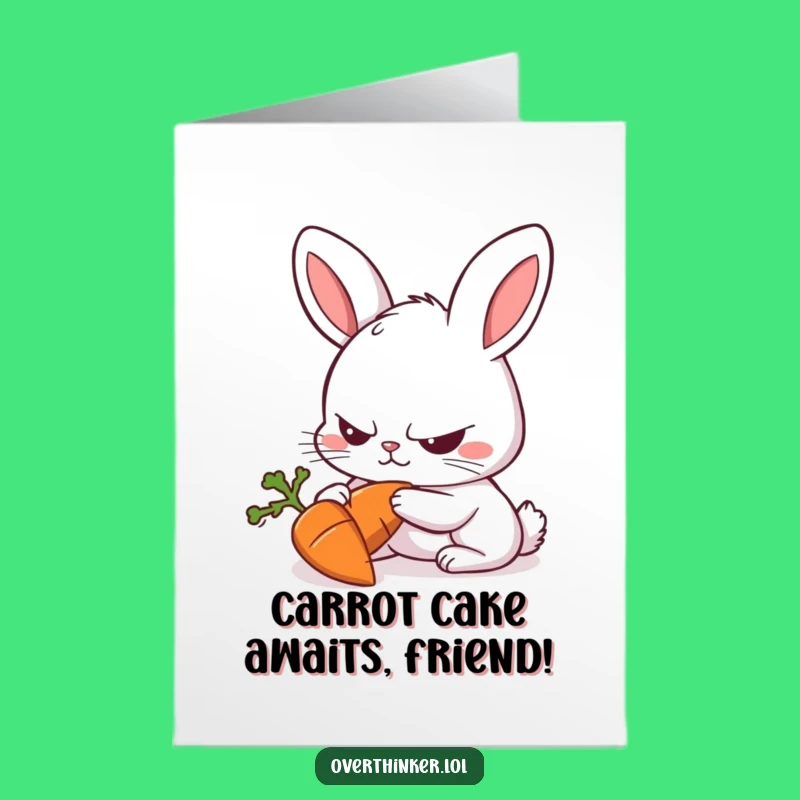 Free Printable Funny Birthday Card: Intense Rabbit Obsessed with Carrot, Hilarious Downloadable Gift