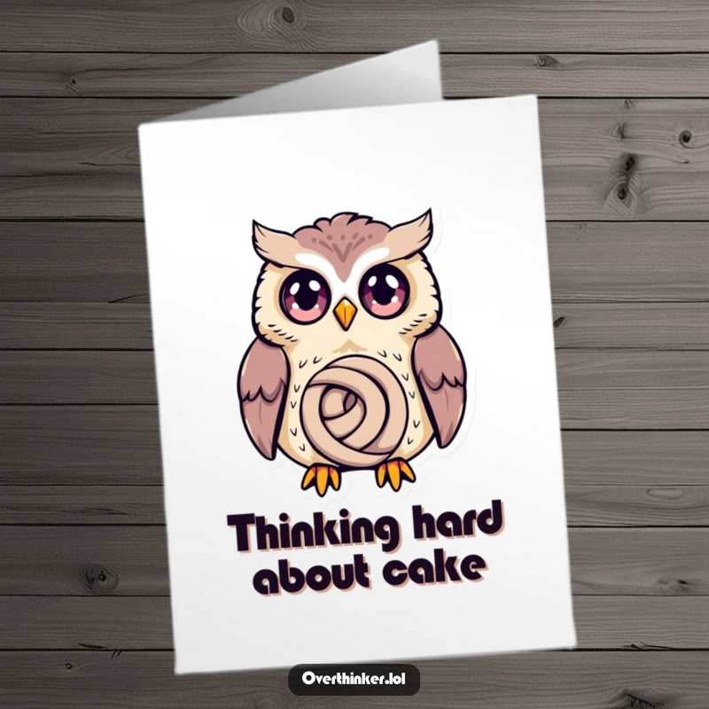 Funny Free Printable Birthday Card: Owl with Wide Eyes Spiraling in Thought Over a Tiny Knot, a Comedic Greeting