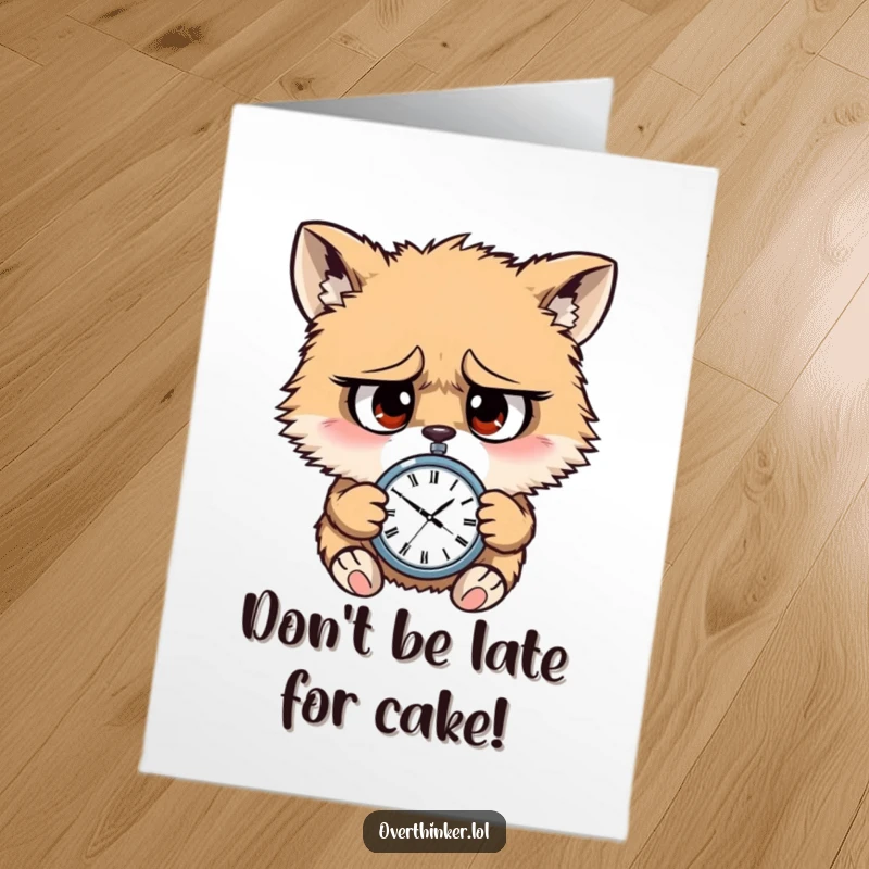 Funny Free Printable Birthday Card: Furry animal character with huge, worried eyes frantically checking a tiny watch, symbolizing birthday urgency.