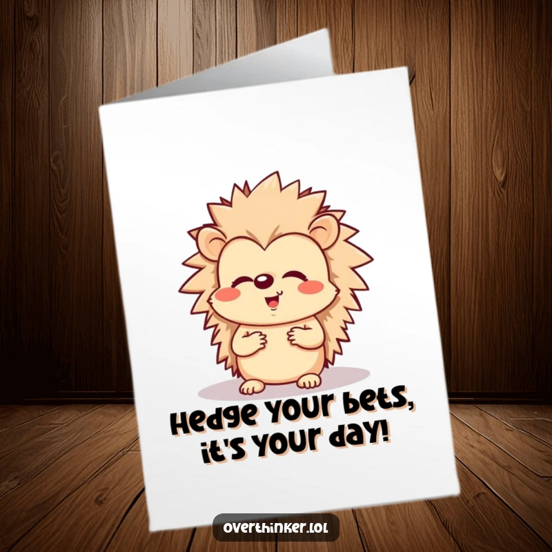 Funny free printable birthday card: A cheerful hedgehog nervously eyes its own shadow, a humorous take on birthday anxieties.