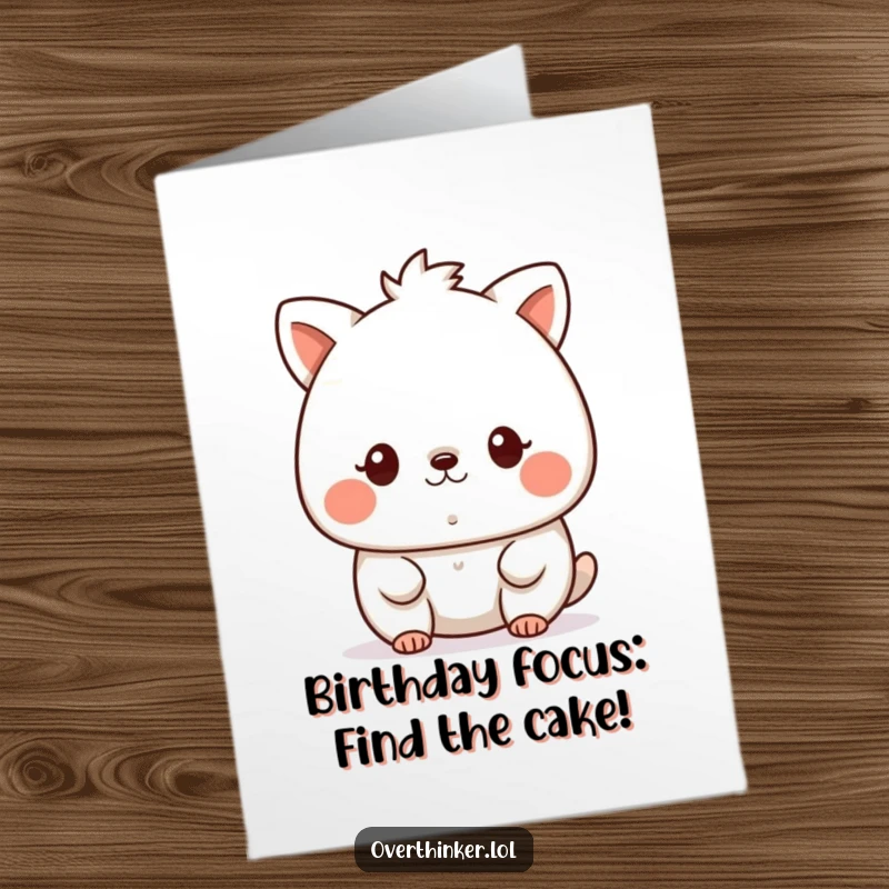 Funny Free Printable Birthday Card: Kawaii animal intensely focused on a minuscule speck, a humorous birthday wish.