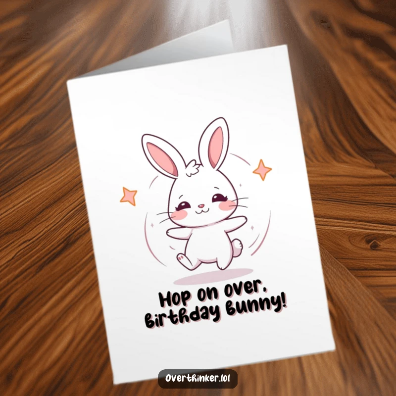 Funny free printable birthday card: A kawaii rabbit spinning in confusion, a hilarious downloadable gift for anyone needing a laugh on their special day.