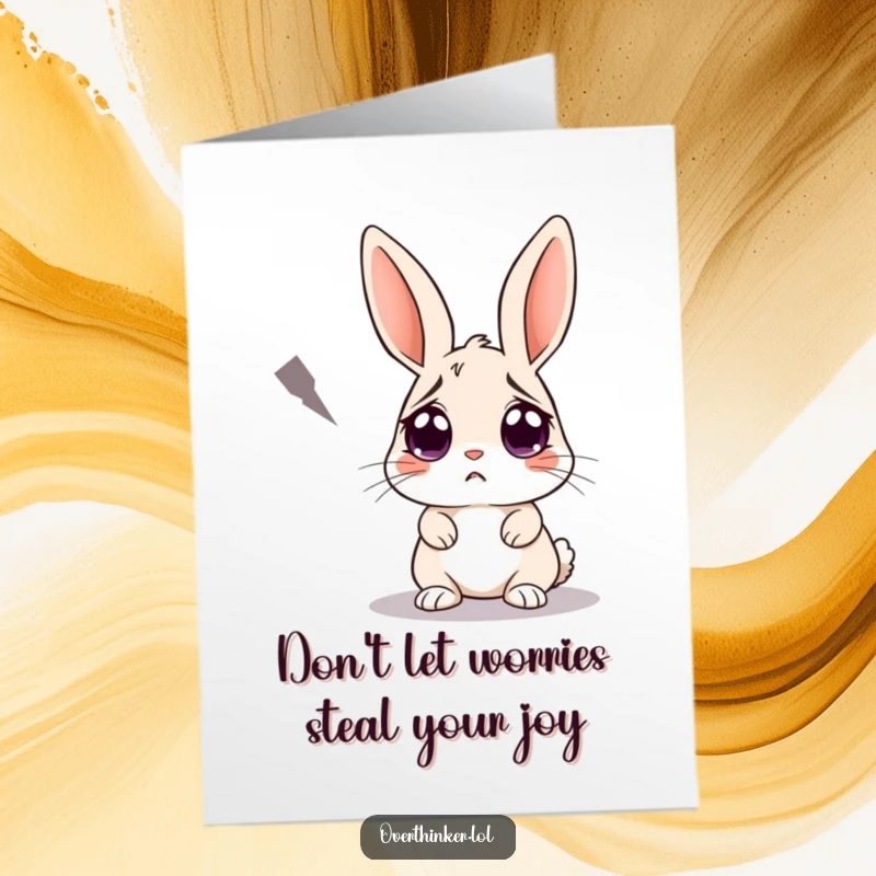 Funny free printable birthday card: A rabbit with huge, worried eyes staring intently at a single, ominous shadow creeping closer.