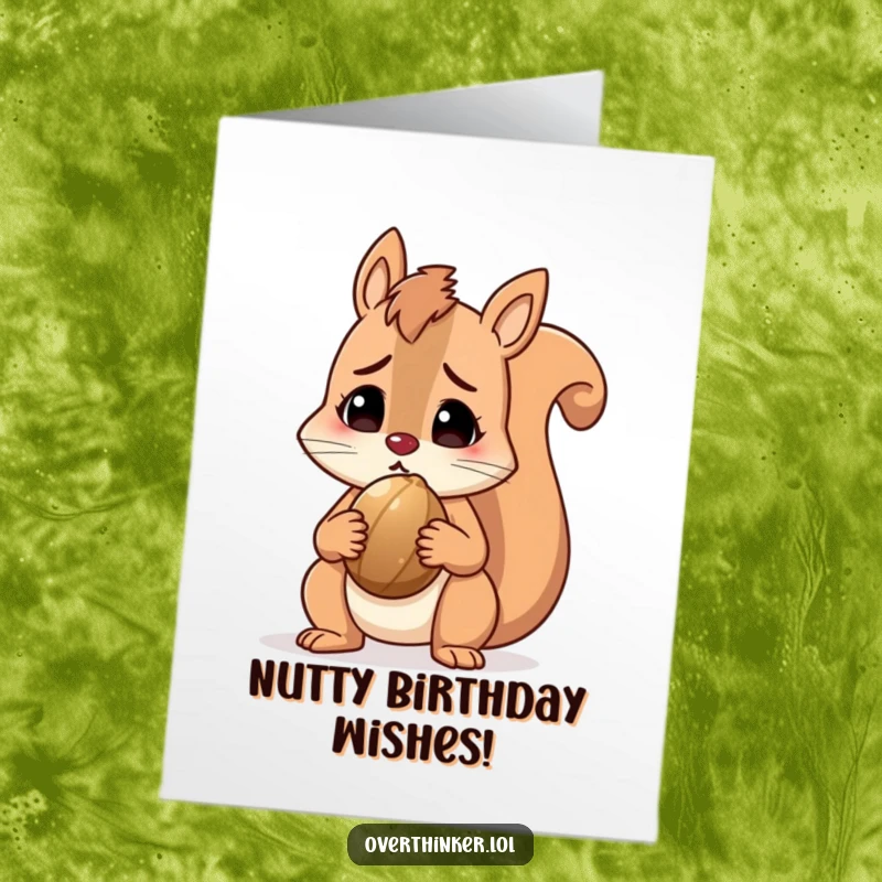 Funny Free Printable Squirrel Birthday Card, a character holding a nut and looking perplexed, celebrating a birthday.