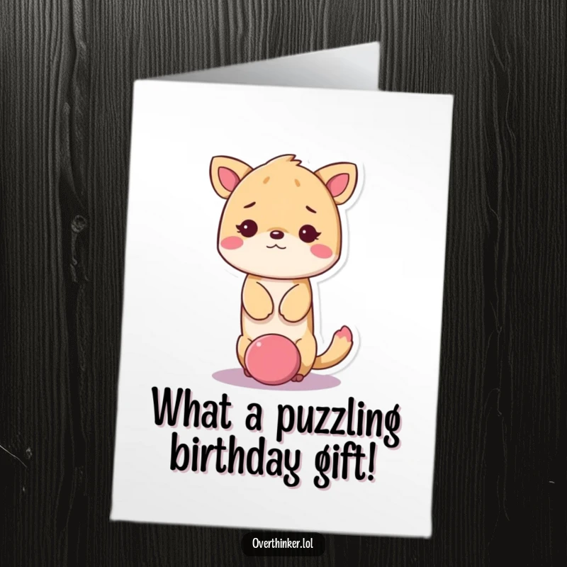 Funny Free Printable Birthday Card: Kawaii animal with its head stuck in a giant question mark, looking utterly dazed.