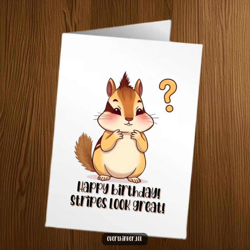 Funny free printable birthday card showing a chipmunk stressing over which stripe to paint on first, with intense focus.