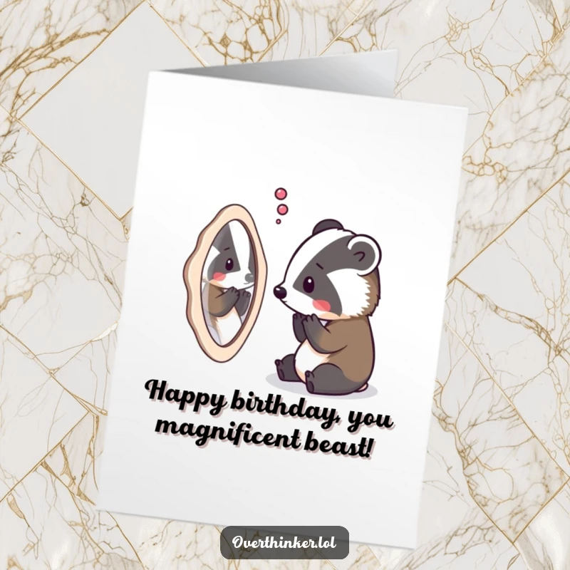 Funny free printable birthday card showing a badger staring intently at its reflection, pondering life's mysteries.