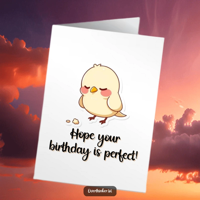 Funny Free Printable Birthday Card featuring a nervous bird anxiously pecking at a tiny crumb, capturing relatable awkwardness.