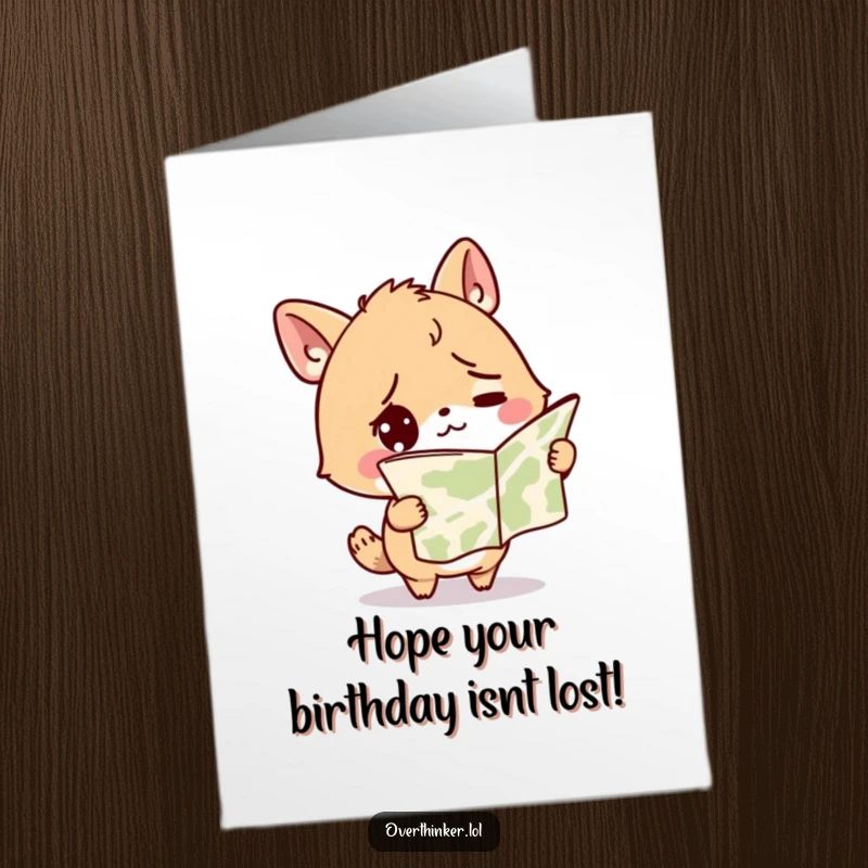 Funny Free Printable Birthday Card: A bewildered animal holding a map upside down, hilariously lost, ideal for a humorous birthday wish.