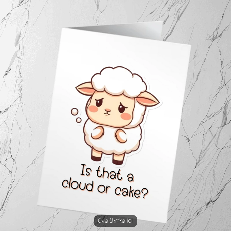 Funny Free Printable Birthday Card: a sheep furrowing its brow, questioning a cloud shape, adding humor.