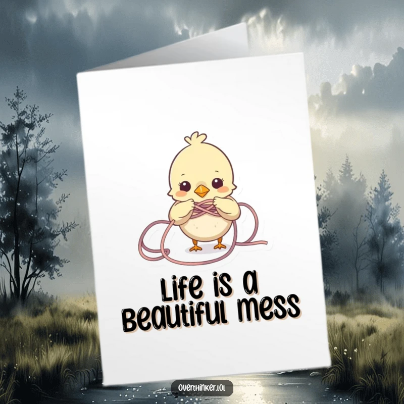 Funny free printable birthday card: A small bird struggling comically to untangle a massive, knotted ball of colorful yarn.