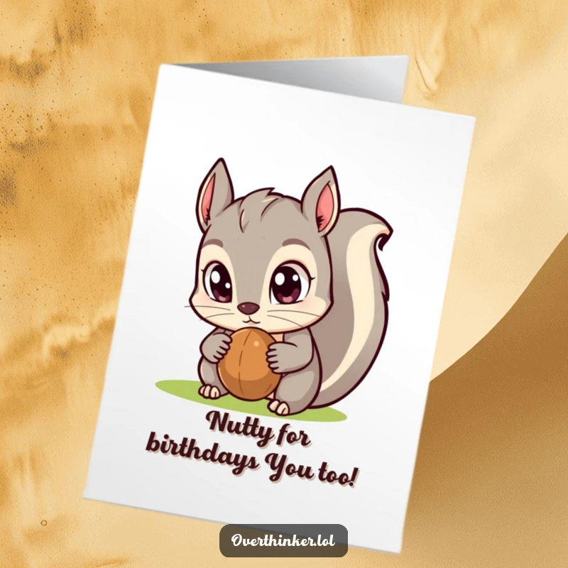 Funny Free Printable Birthday Card: Kawaii squirrel with huge eyes intensely fixated on a single birthday nut, ready to celebrate.