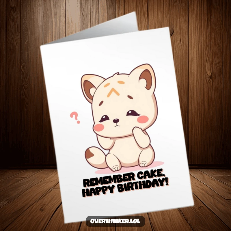 Funny Free Printable Birthday Card: Animal character tapping its head, trying to remember, humorous birthday wish.