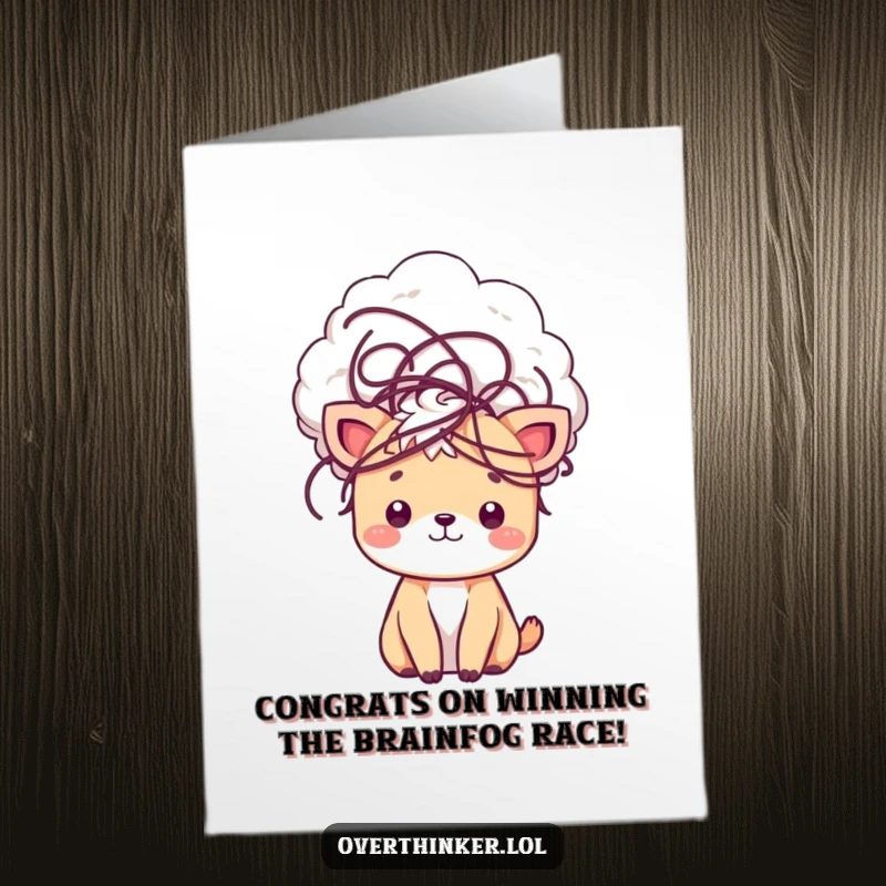 Funny Free Printable Congratulations Card: Kawaii animal with a tangled thought cloud, celebrating hard-earned success humorously.