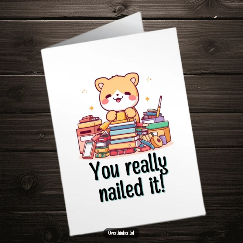 Funny Free Printable Congratulations Card: An animal character obsessively organizes perfect items, a downloadable tribute to their win.