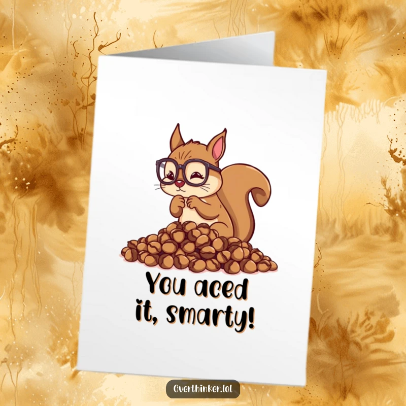 Funny Free Printable Congratulations Card: Overthinking squirrel meticulously counting acorns, celebrating your success with precision.