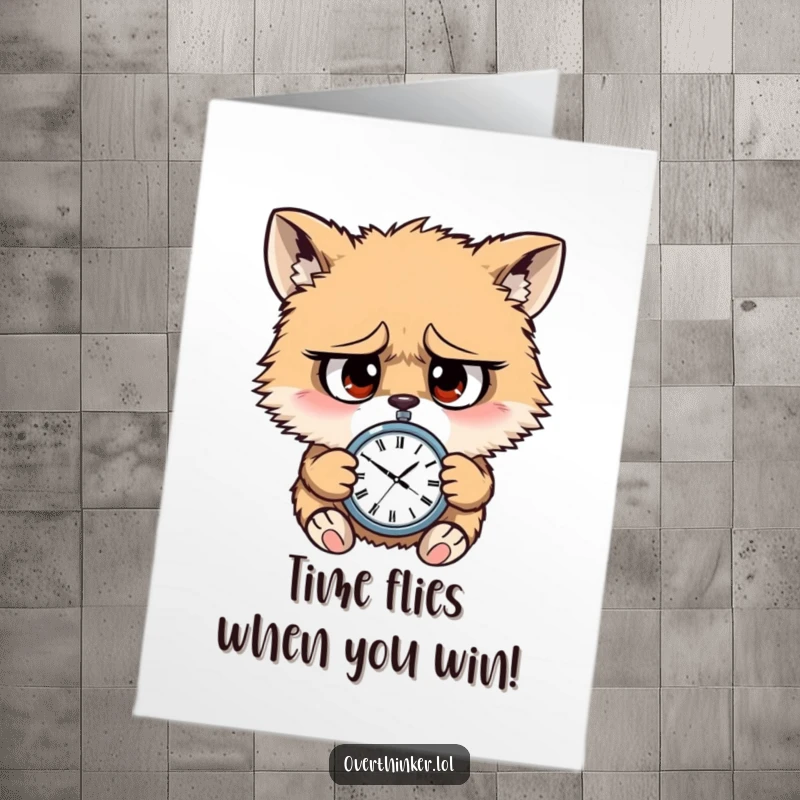 Funny Free Printable Congratulations Card: Furry animal character with worried eyes, frantically checking a tiny watch, celebrating timely success.