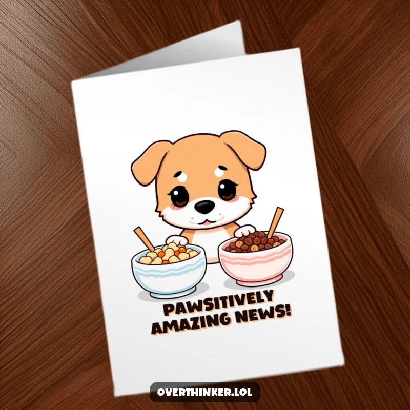 Funny Free Printable Congrats Card: Dog looks indecisively at two identical food bowls, perfect for a humorous downloadable gift.
