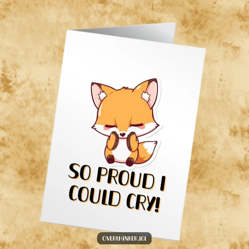 Funny Free Printable Congratulations Card with a shy fox covering its face with paws, ideal for acknowledging awkward achievements or mistakes.