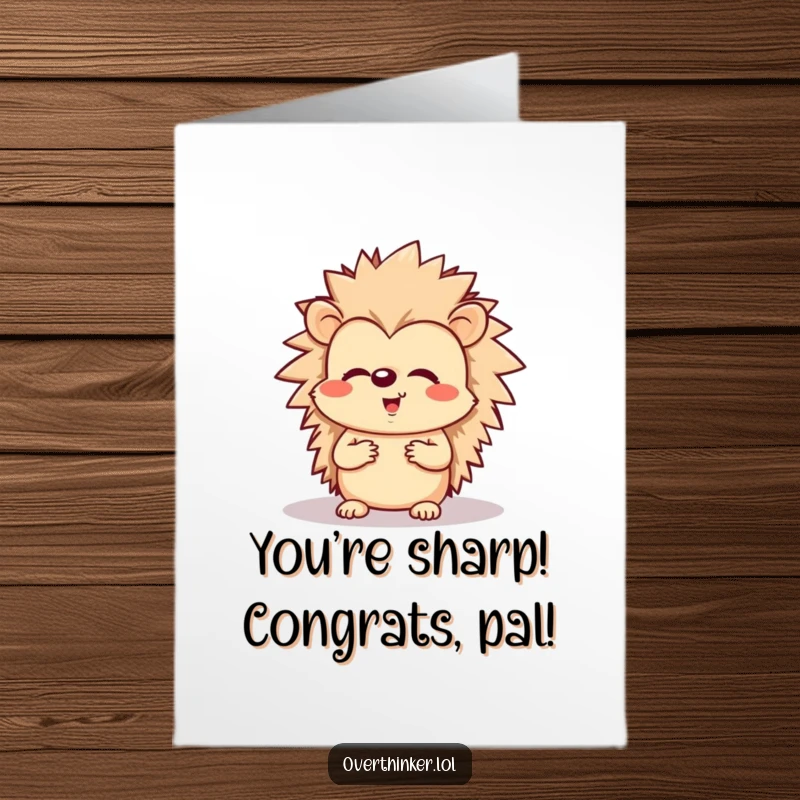 Funny free printable congratulations card: A happy hedgehog frets over its shadow, humorously representing unfounded worries.