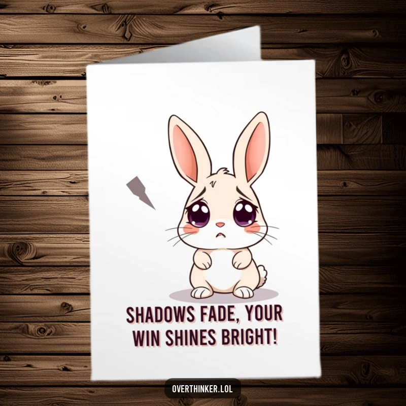 Funny free printable congratulations card: A rabbit with wide, anxious eyes nervously observing a single, approaching shadow, signifying challenge overcome.