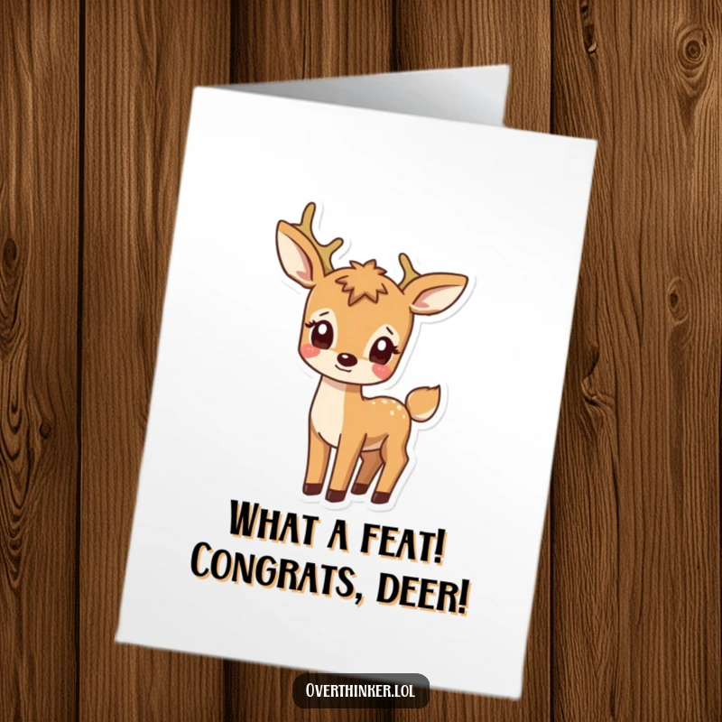 Funny Free Printable Congratulations Card showing a deer baffled by its own tail, perfect for celebrating odd successes.
