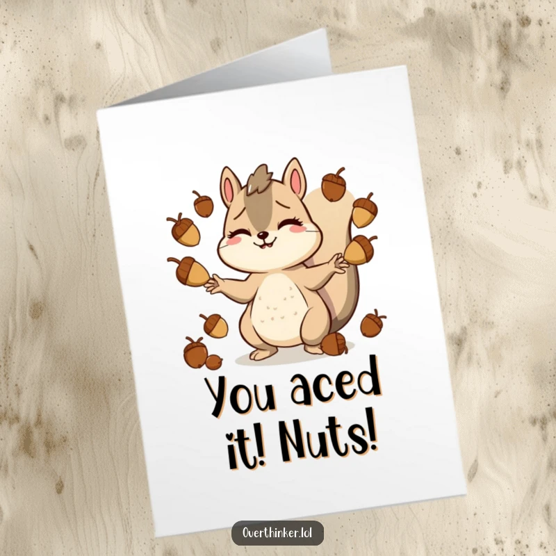 Funny Free Printable Congrats Card: Stressed squirrel juggling many acorns, symbolizing managing a lot of things, downloadable art.