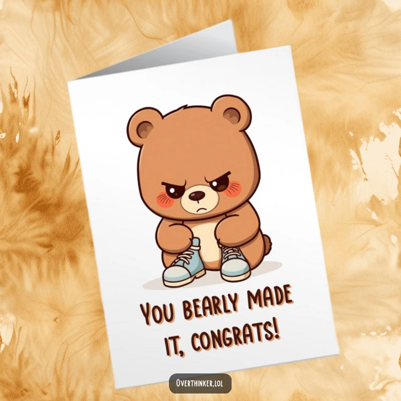Funny free printable congratulations card: A bear with extreme focus, tongue sticking out slightly, concentrating hard on tying its shoelaces.