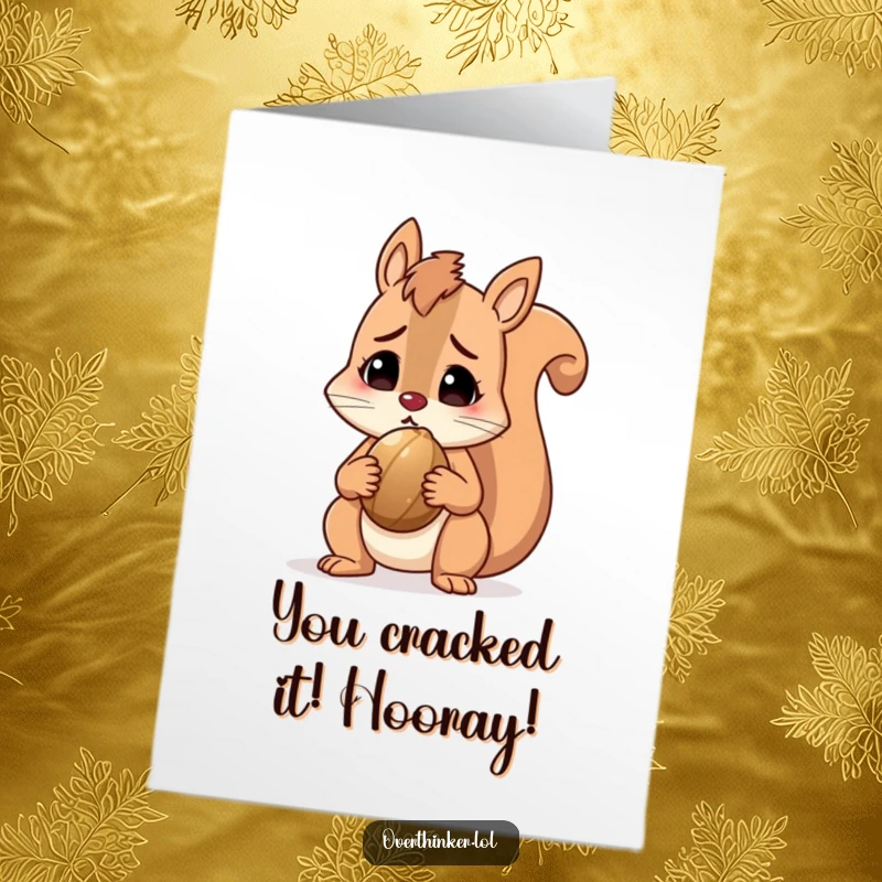 Funny Free Printable Squirrel Congratulations Card, a character holding a nut and looking perplexed, celebrating victory.