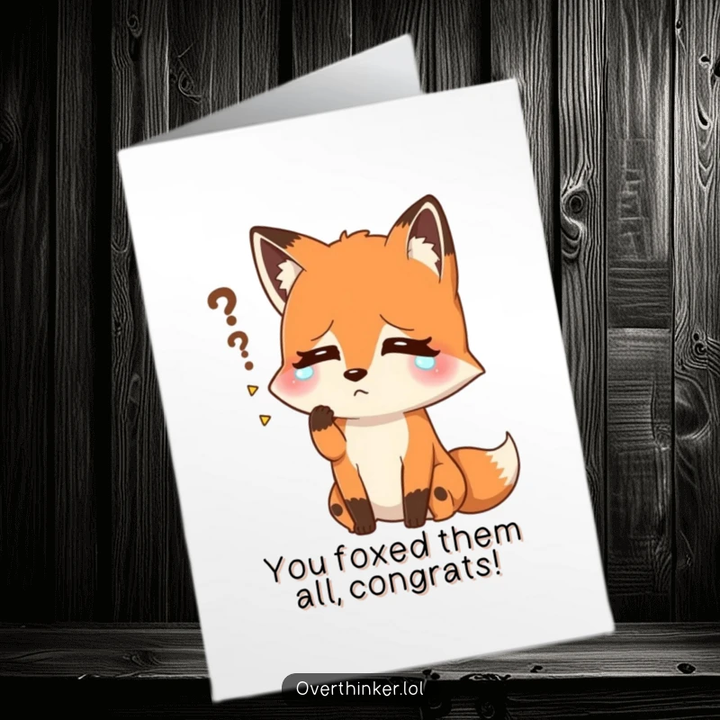 Funny free printable congratulations card: A fox sweating profusely, with a look of intense mental strain, trying to remember something crucial.