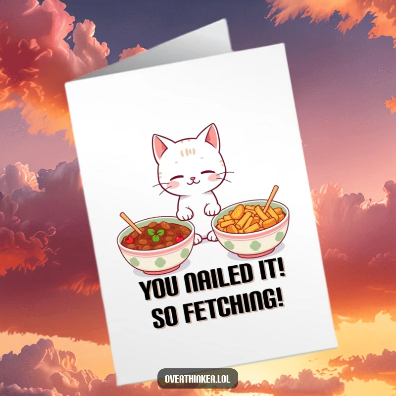 Funny free printable congratulations card: Kawaii cat uncertain between two identical food bowls. A downloadable gift for celebrating achievements.