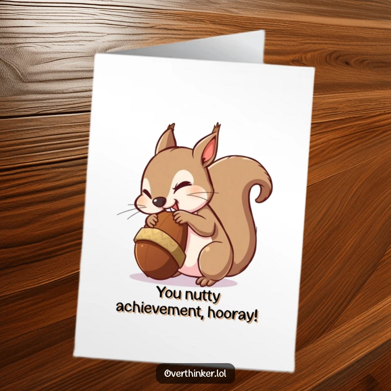 Funny Free Printable Congrats Card: Squirrel nervously holding a huge acorn, ideal for a humorous downloadable gift.